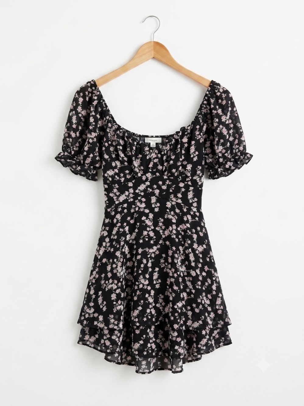 Black Floral Puff Sleeve Mini Romper Dress with White and Pink Blossoms